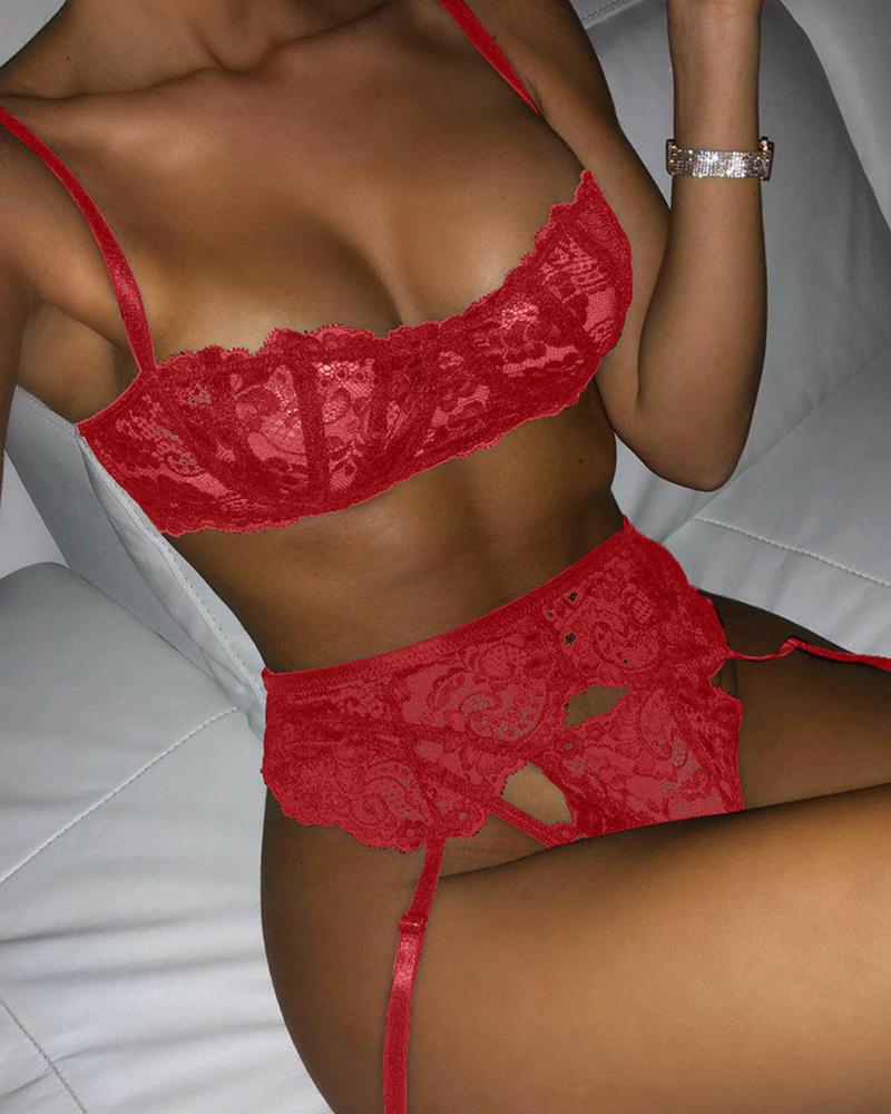

Solid Color Lace Hollow-out 3 Piece Bra Sets, Red