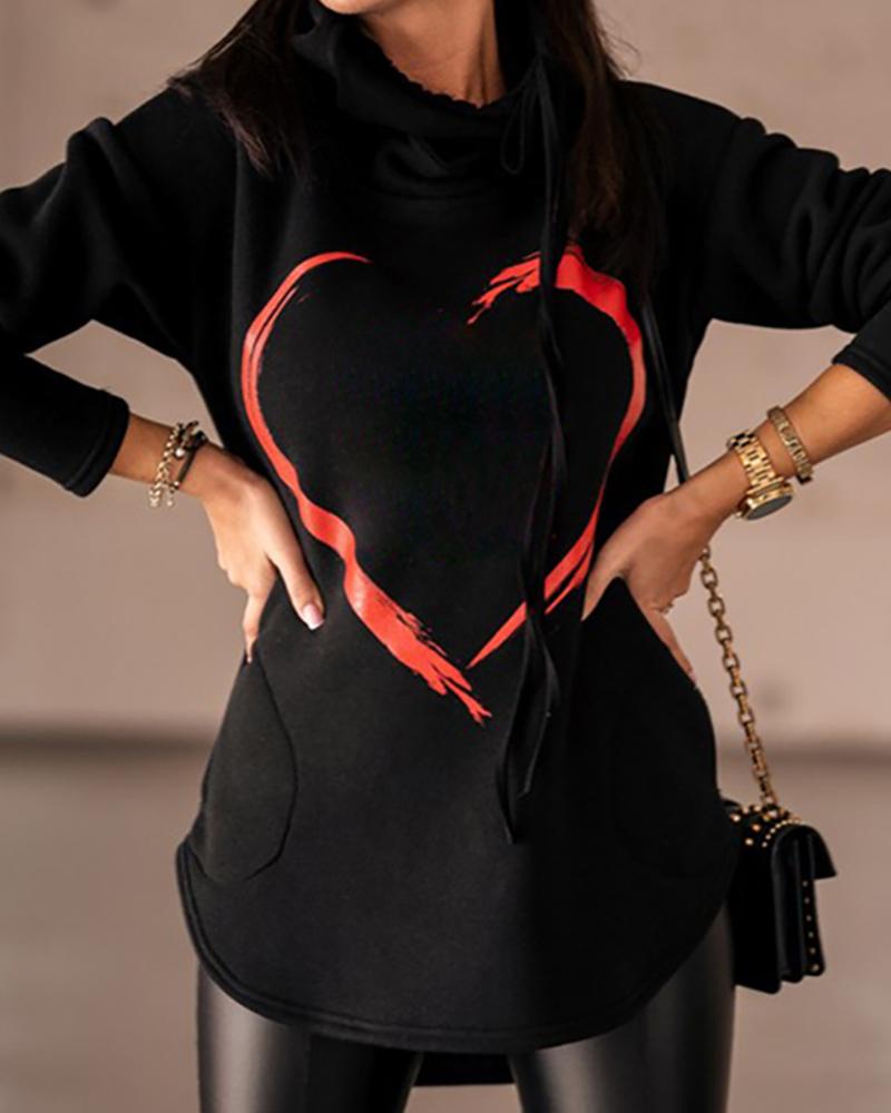 

Heart Print High Neck Hoodie, Black