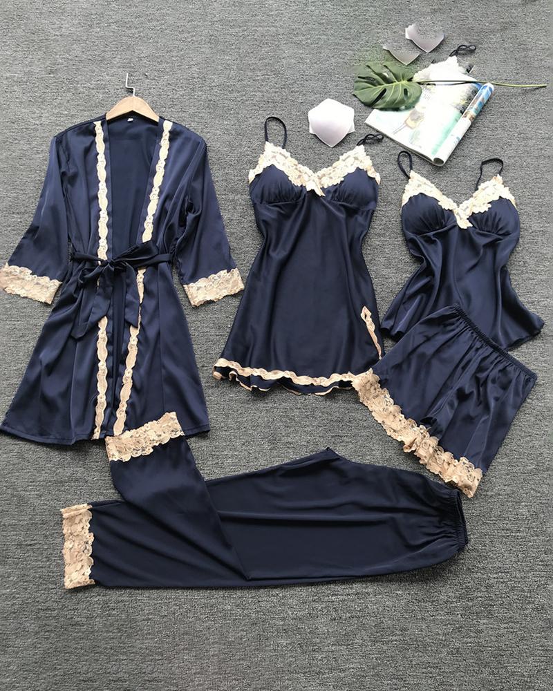 

Satin Lace Trim 5PCS Sleepwear Sets, Dark blue