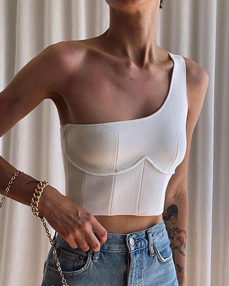 

One Shoulder Plain Corset Crop Top, White