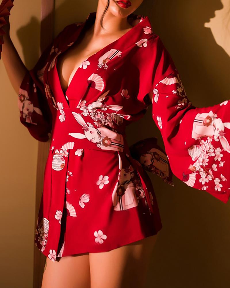 

Blossom Floral Print Bell Sleeve Kimono Robe Costume, Red