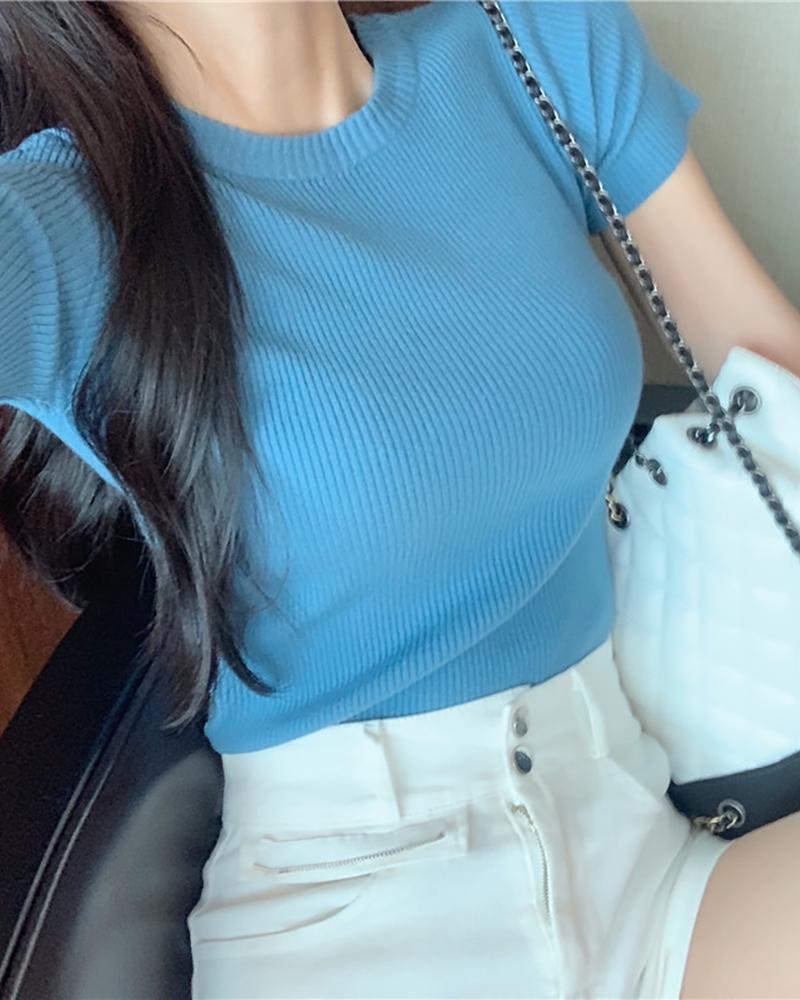 

Solid Round Neck Ribbed Casual T-shirt, Blue