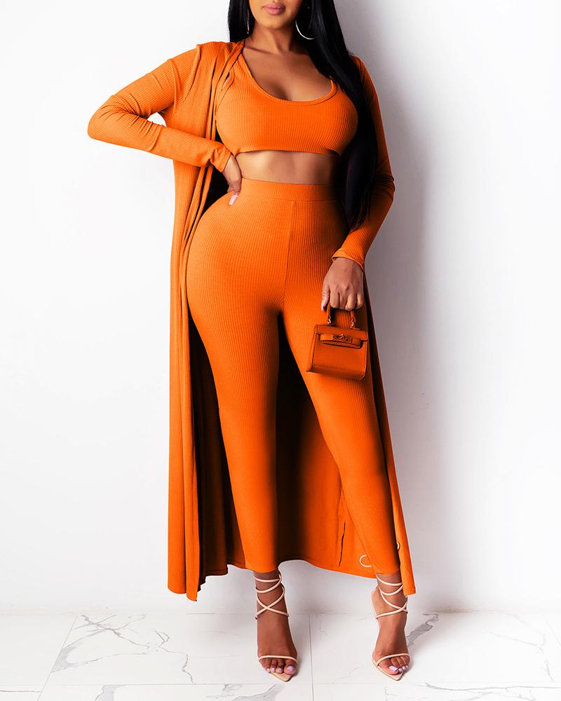 

Plain Crop Top & Longline Cardigan & High Waist Pants Set, Orange