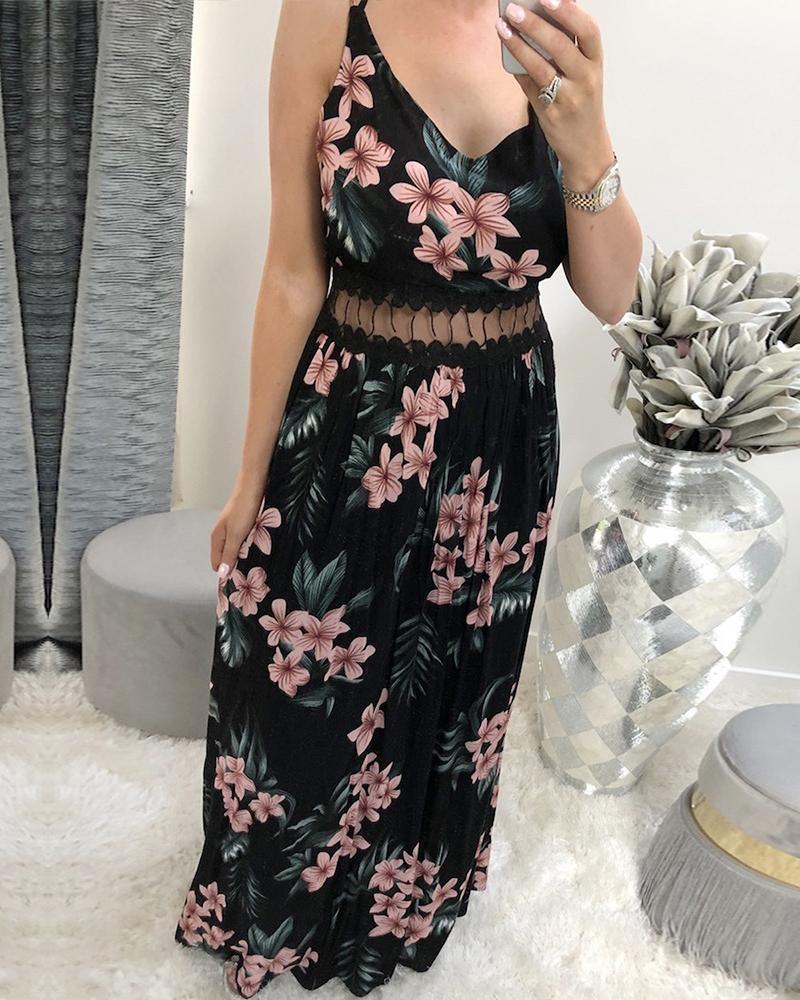 

Lace Patch Sheer Mesh Tropical Print Dress, Black