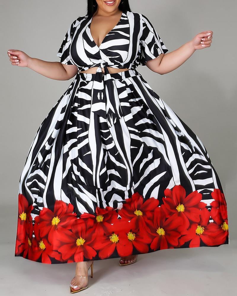 

Plus Size Short Sleeve Crop Top & Floral Print Maxi Skirt Set, Black
