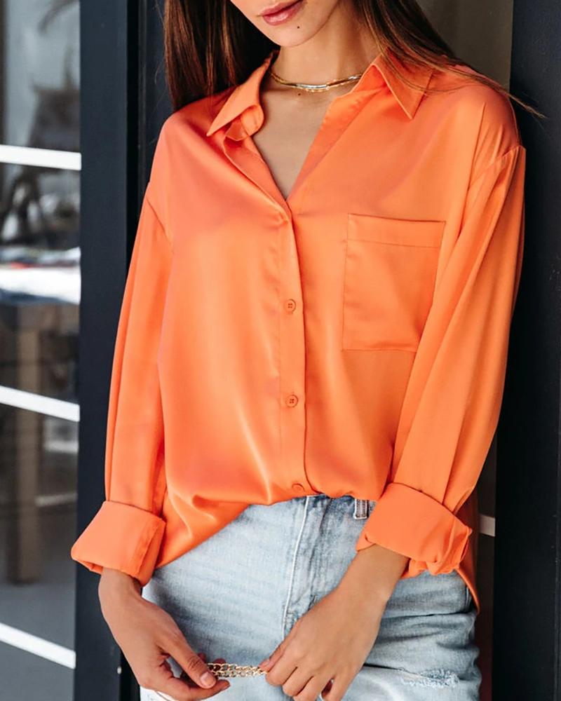 

Long Sleeve Backless Pocket Design Shirt, Orange