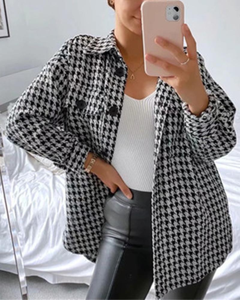 

Houndstooth Long Sleeve Loose Coat, Black&white