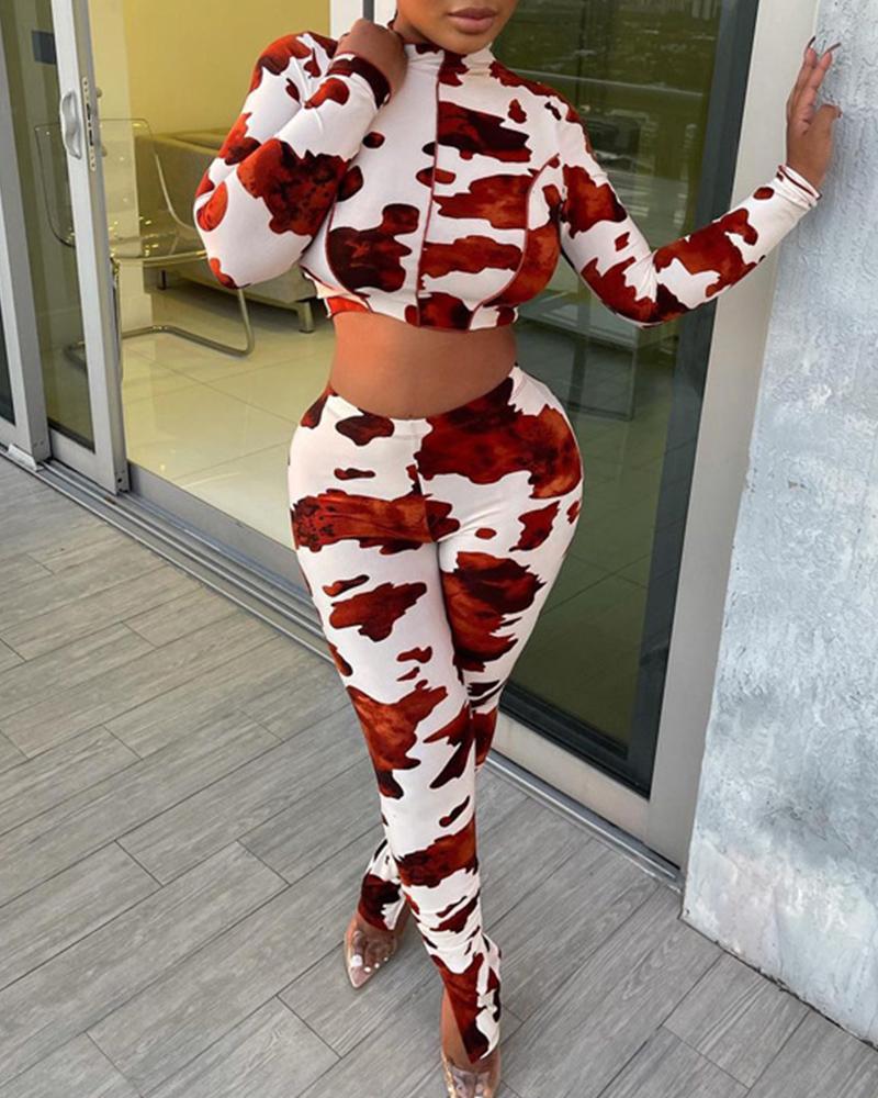 

Camouflage Print Long Sleeve Skinny Cropped Top And Pants Suit Sets, Brown
