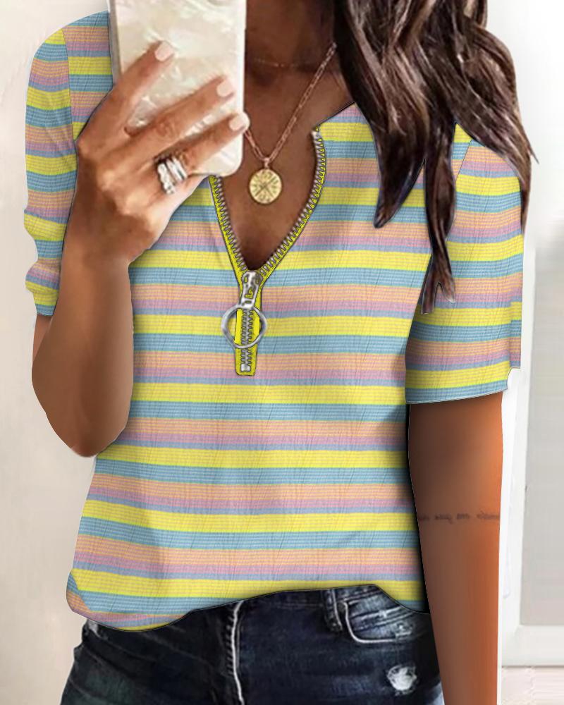 

Striped Colorblock Zip Front Knit T-shirt, Yellow