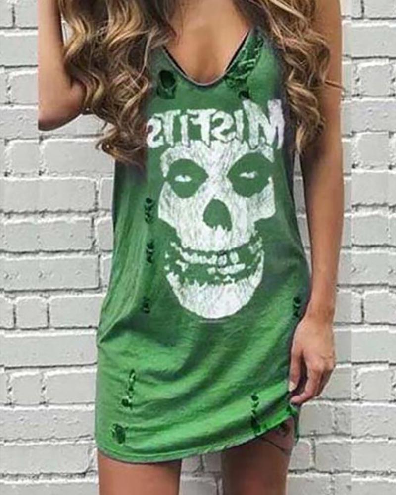 

Skull Letter Print Hollow Out Dress, Green