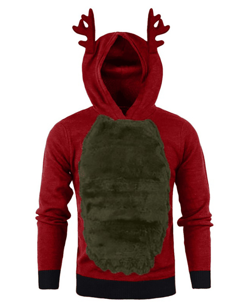 

Men Colorblock Ear Design Fluffy Hooded Top, Style11