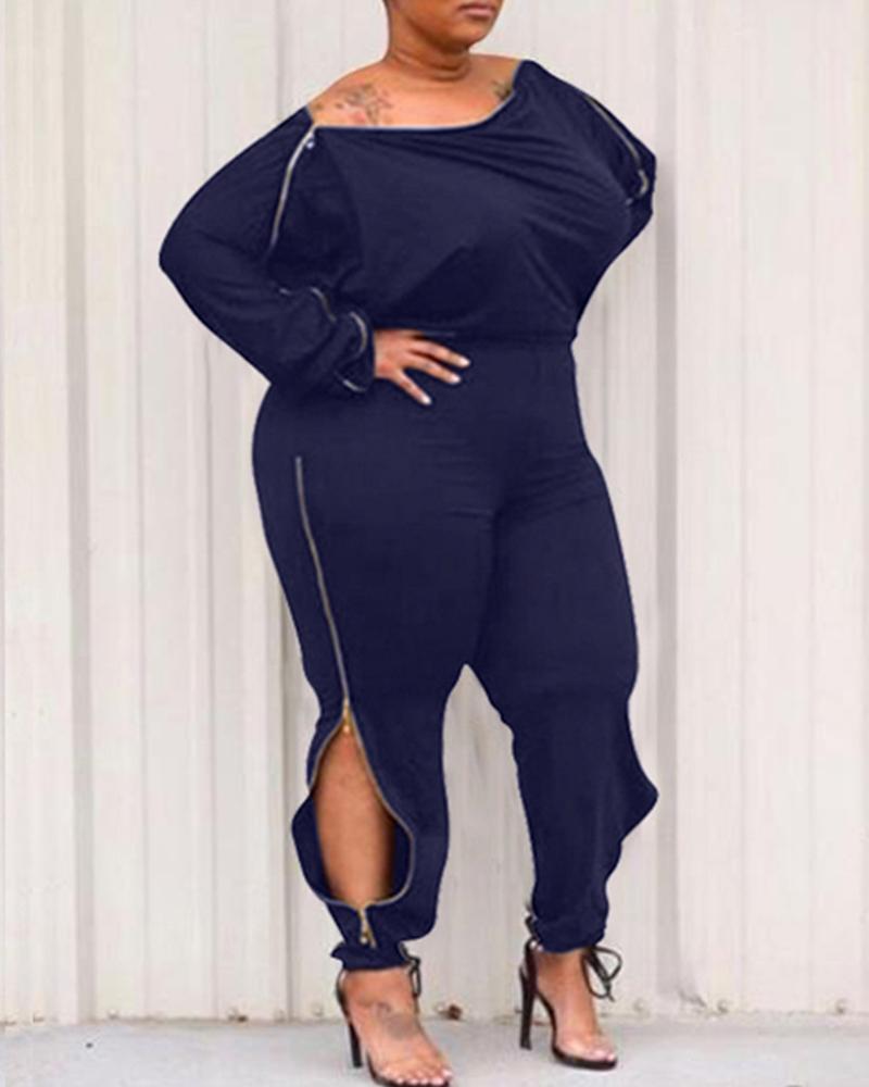 

Plus Size Plain Zipper Design Top & Tie Detail Pants Set, Dark blue