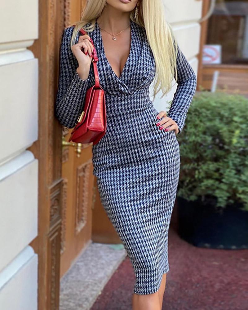 

V Neck Houndstooth Print Long Sleeve Work Dress, Dark blue