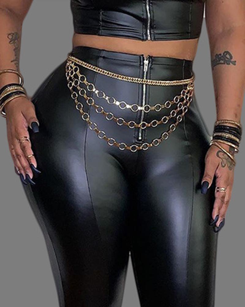 

Plus Size Zipper Design High Waist PU Leather Pants, Black