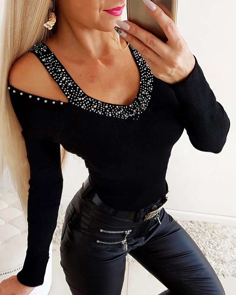 

Cold Shoulder Sequins V-Neck Blouse, Black