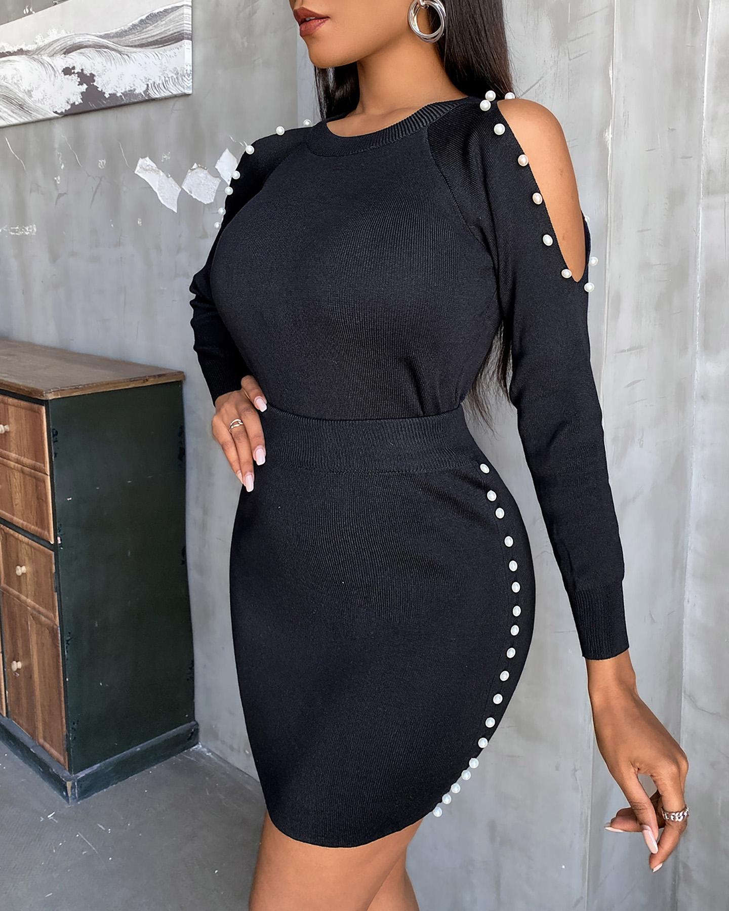 

Cold Shoulder Beaded Top & Slit Skirt Set, Black