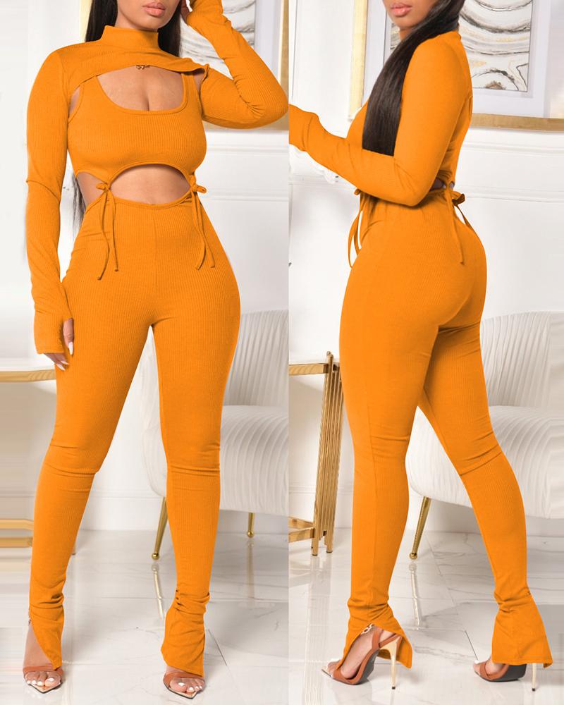 

Plain Long Sleeve Top & Thick Strap Tank & Slit Pants Set, Yellow