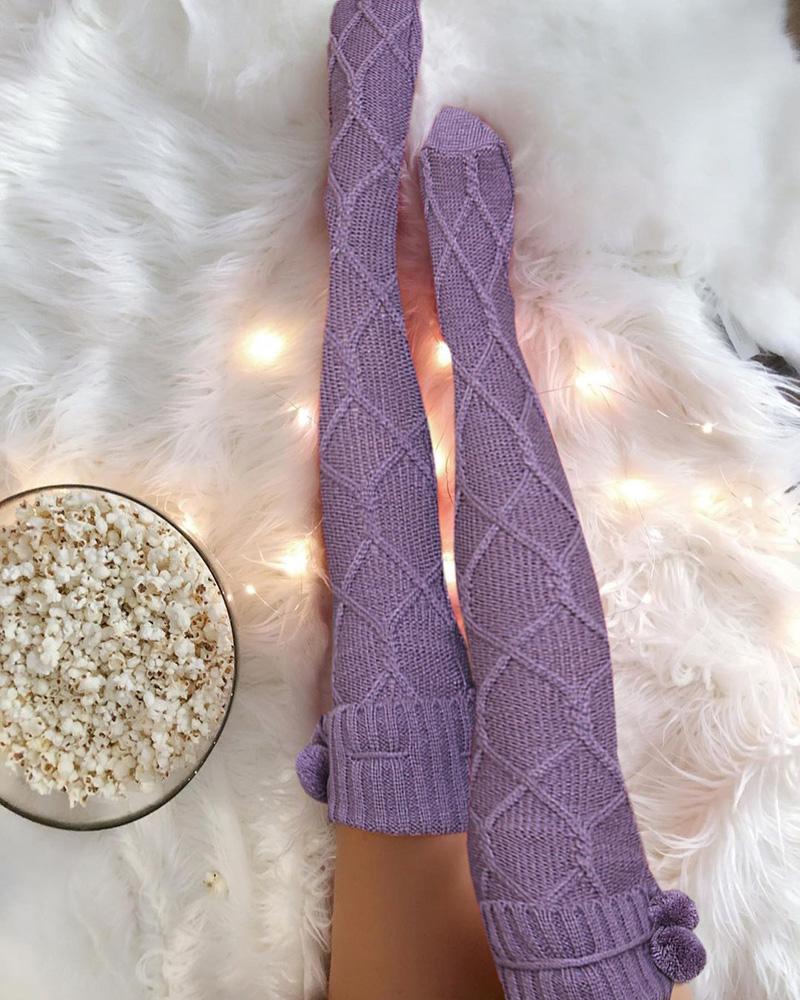 

Pom Pom Braided Knee Length Socks, Purple