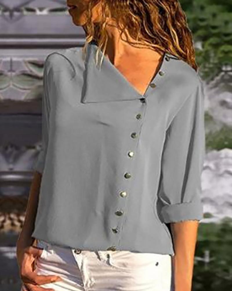 

Solid Button Embellished Casual Women Blouse, Gray