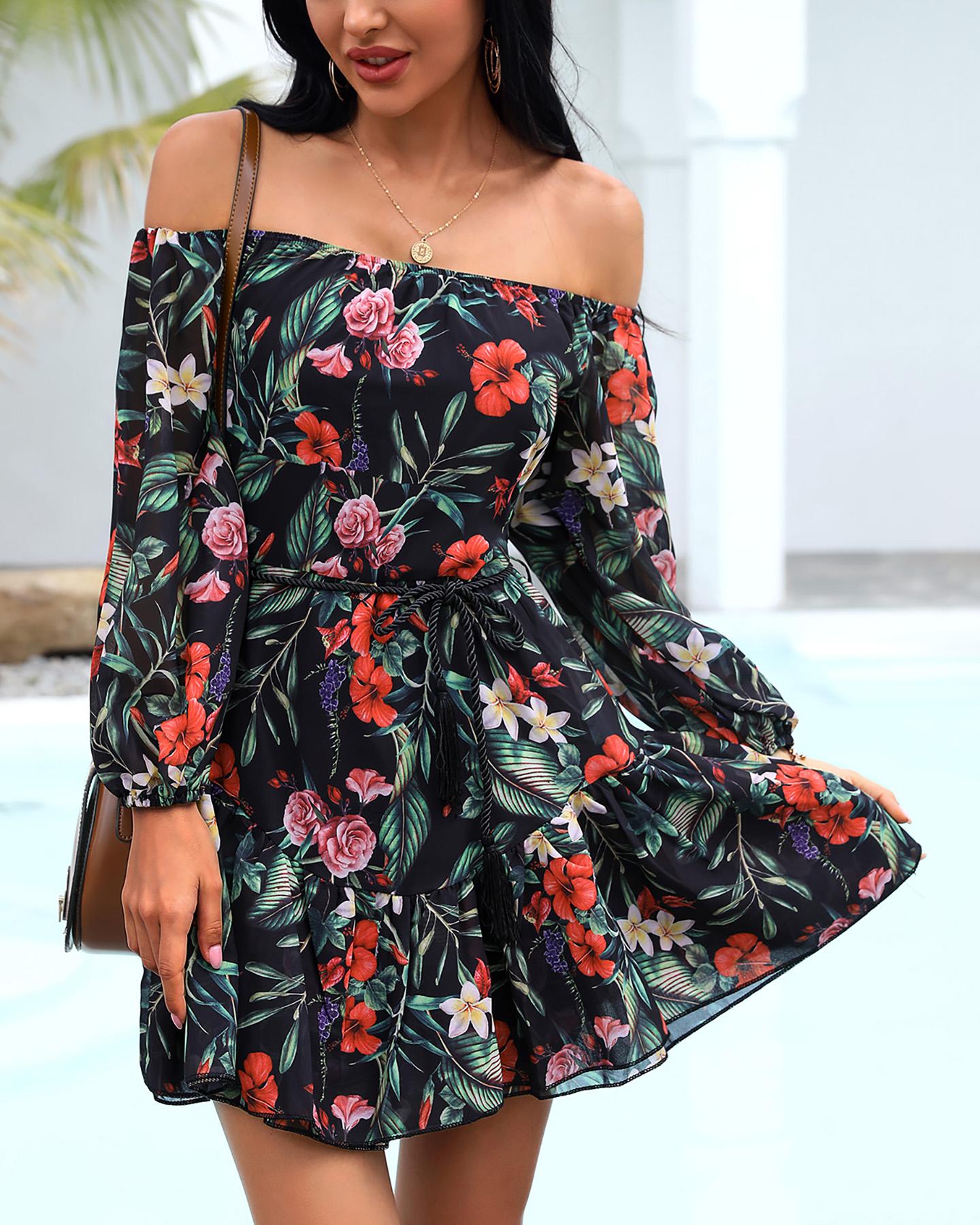 

Floral Print Off Shoulder Ruffles Dress, Black