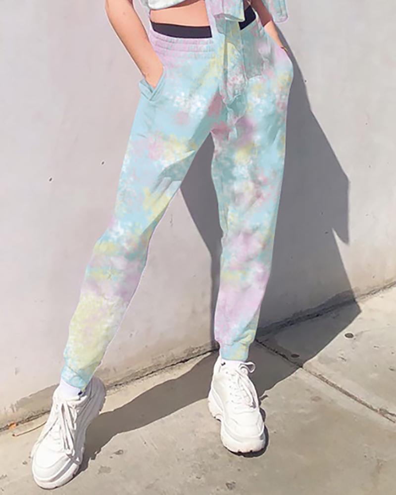 

Tie Dye Print Pocket Design Casual Pants, Blue