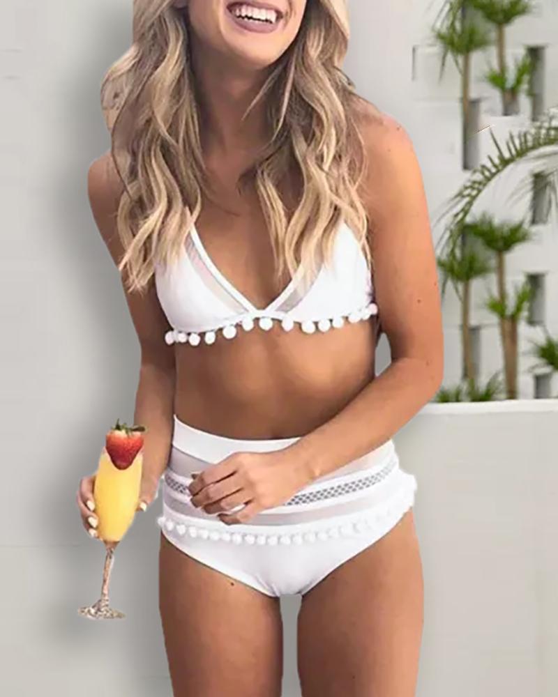 

Halter Spaghetti Strap Sheer Mesh Pom Pom Bikini Sets, White