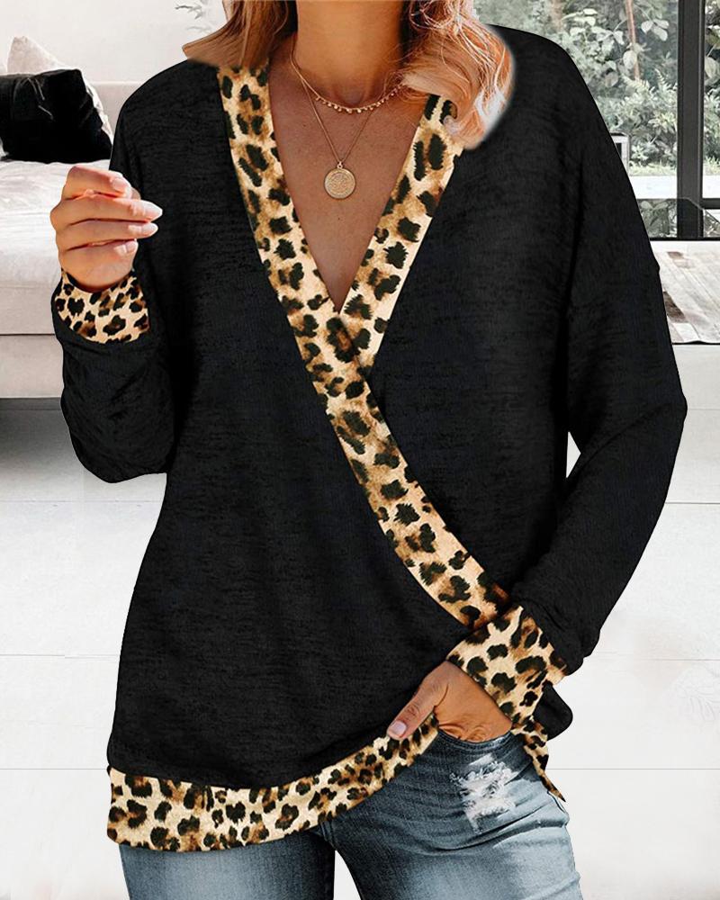

Leopard Patchwork Long Sleeve Loose Women Blouse, Black