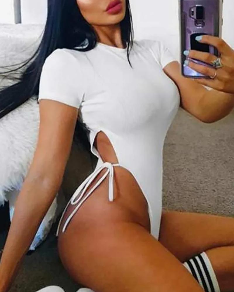

Side Tie Short Sleeve Plain Bodysuit, White