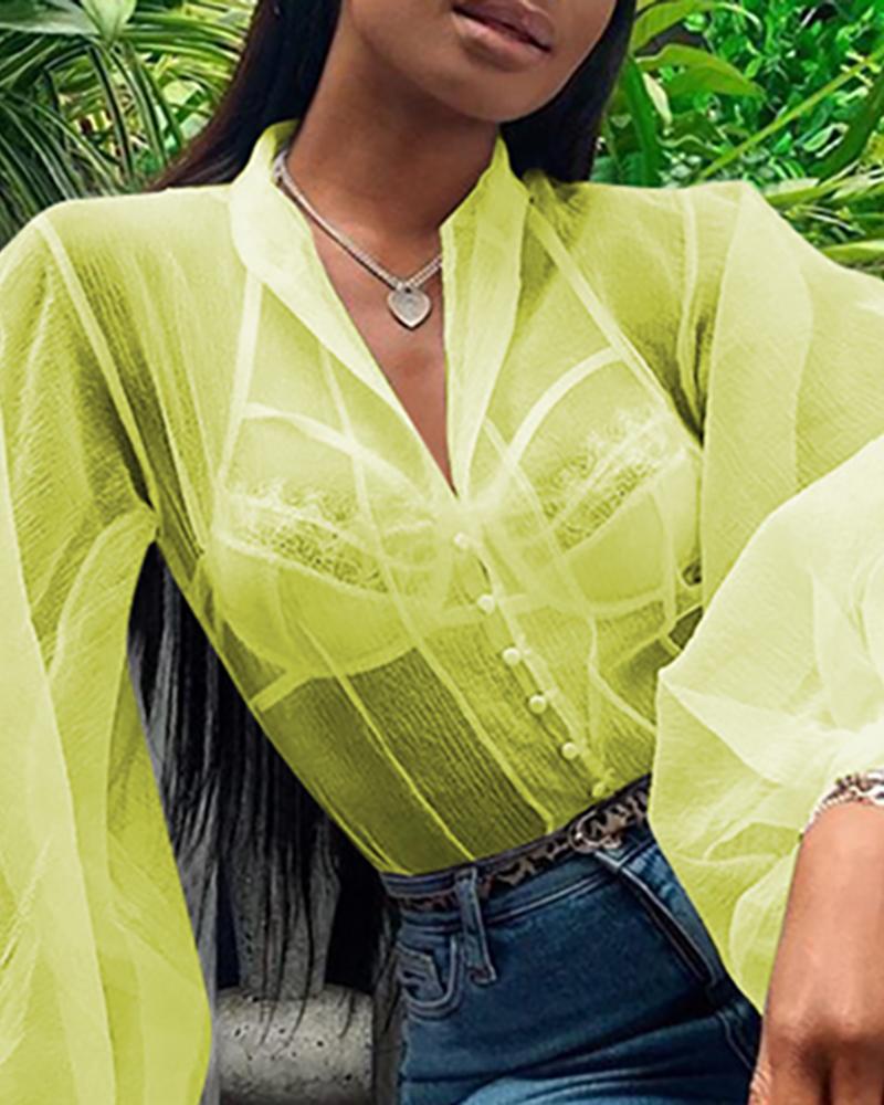 

Solid See Through Lantern Sleeve Shirt, Yellow