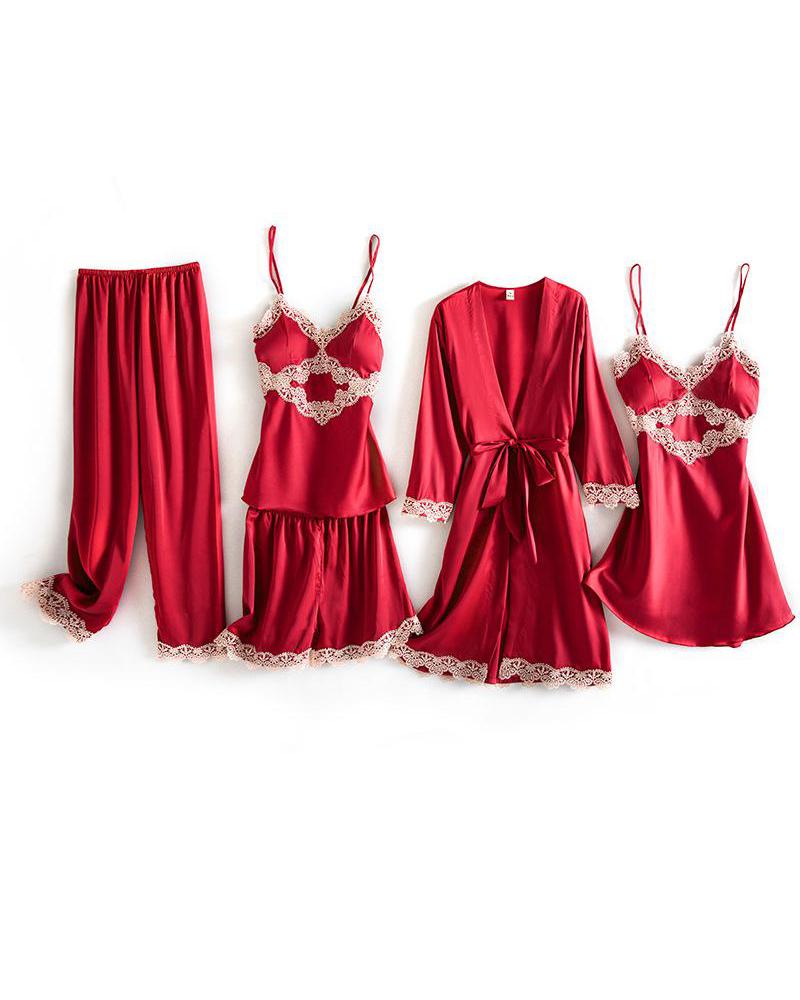 

Slim 5Pcs Pajama Set, Wine red