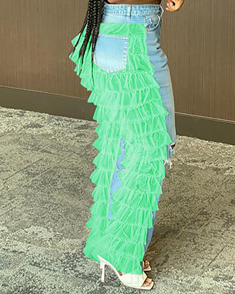 

Ruffles Sheer Mesh Cutout Denim Bootcut Pants, Green