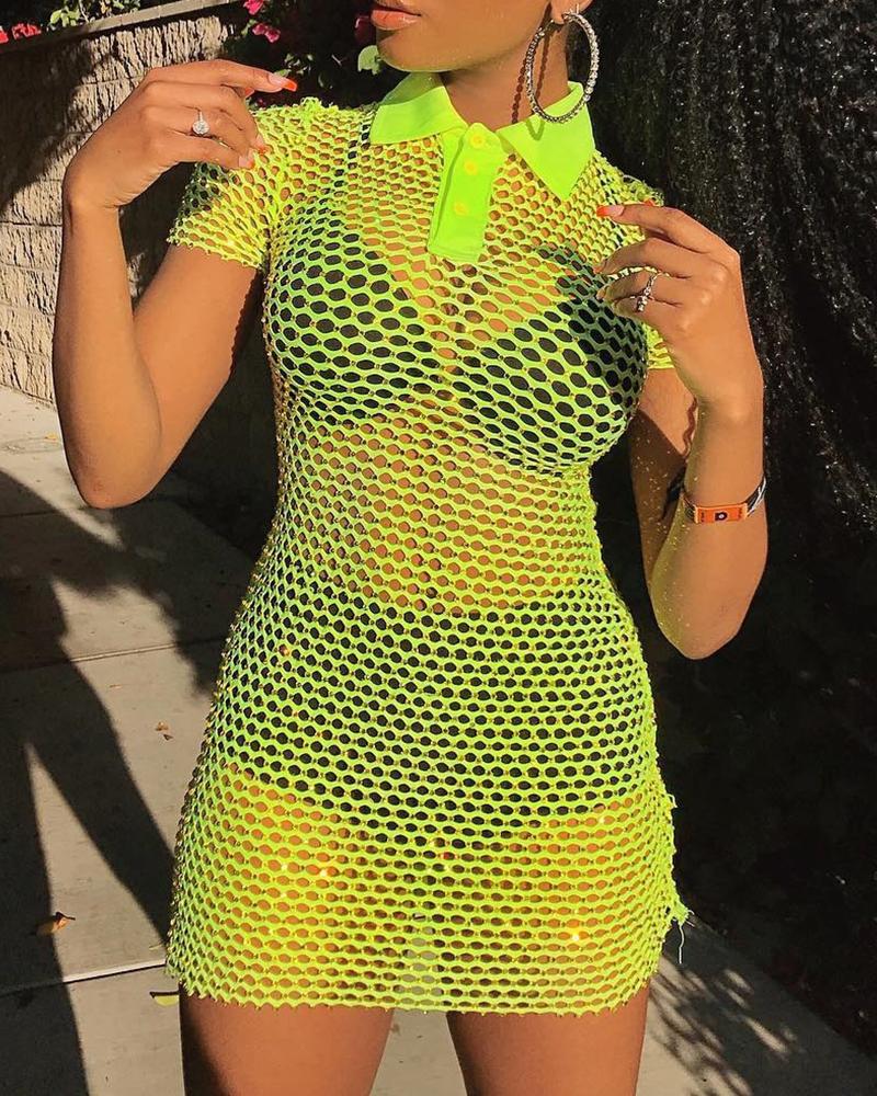 

Mesh Perspective Short Sleeve Women Dress, Green