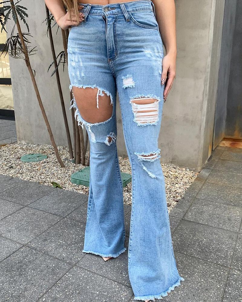 

High Waist Cutout Ripped Flared Jeans, Light blue