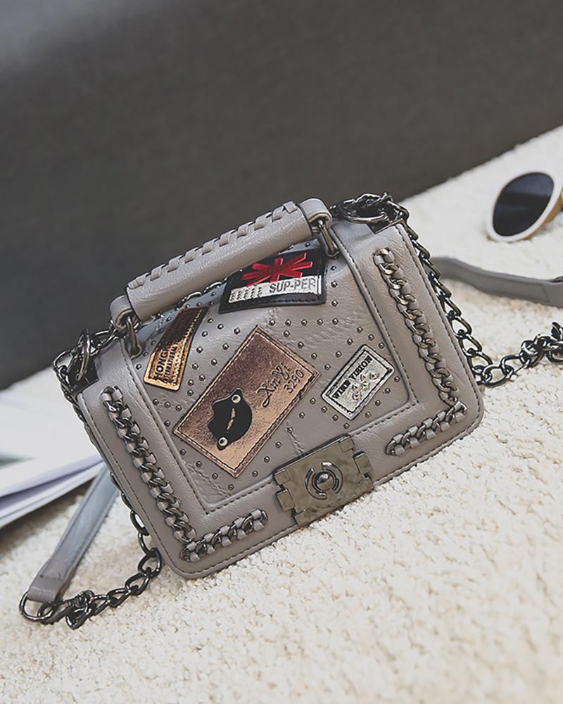 

Graphic Pattern Chain Decor Satchel Bag, Gray