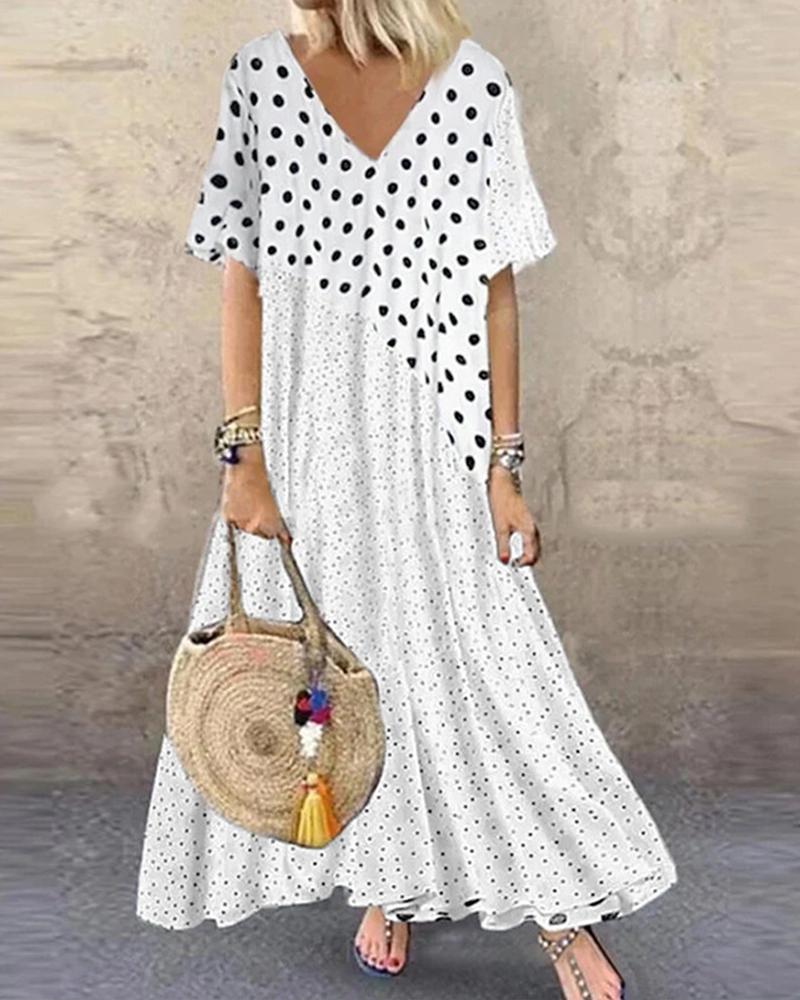 

Patchwork Polka Dot Short Sleeve Maxi Dress, White