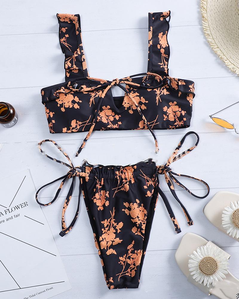 

Floral Print Sling Cropped Top And Panties 2-Piece Bikini Sets, Black