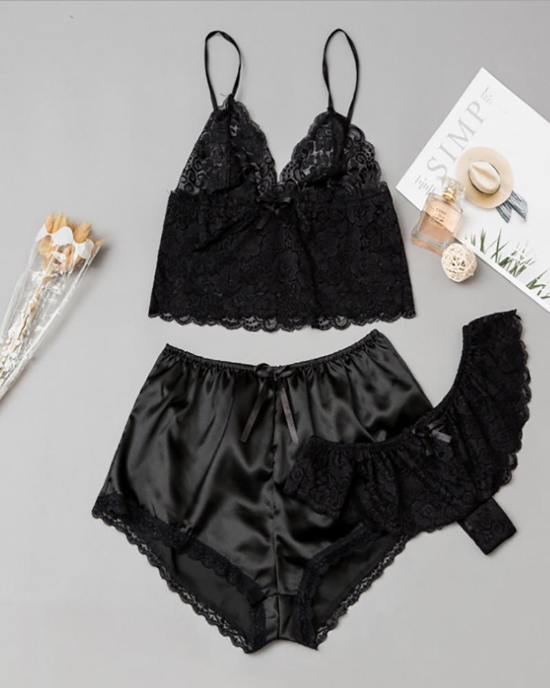 

3PCS Crochet Lace Bowknot Cami Set, Black