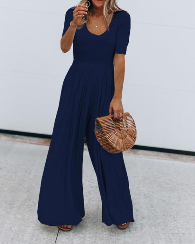 

V Neck Flare Leg Jumpsuit, Blue