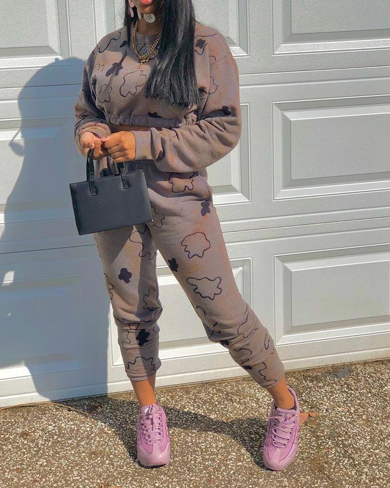 

Long Sleeve Crop Sweatshirt & Pocket Design Sweatpants Set, Gray