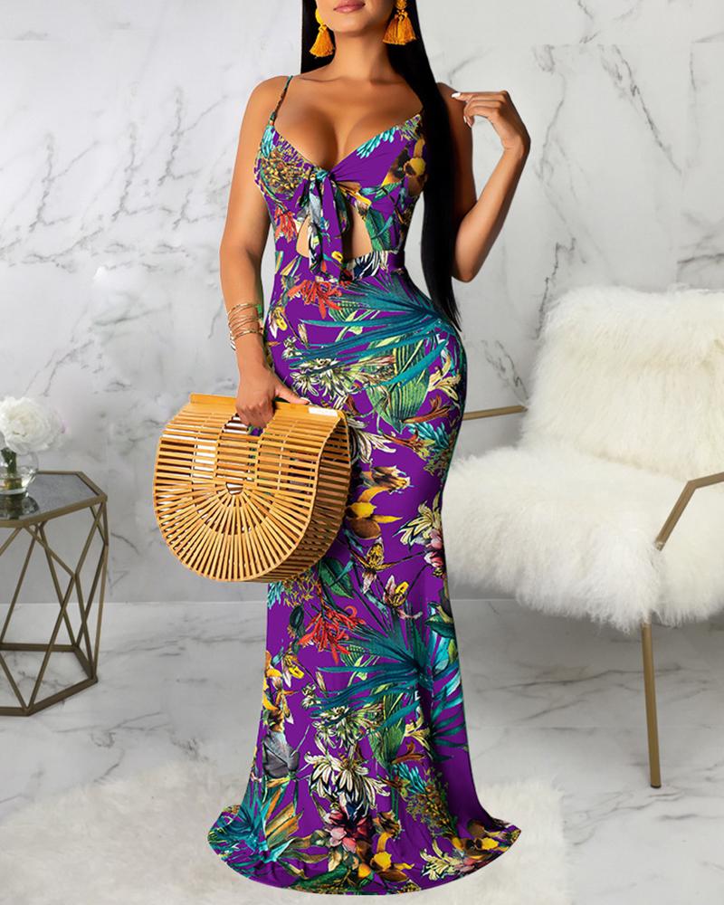 

Tropical Print Tie Front Cutout Dress, Purple