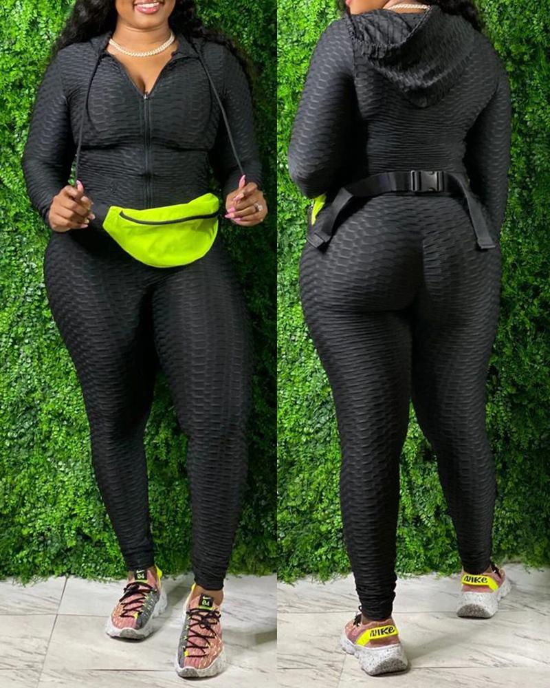 

Plus Size Zipper Design Hooded Top & High Waist Pants Set, Black
