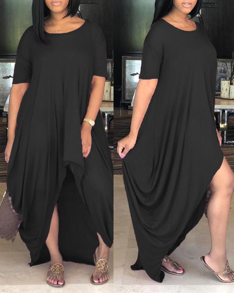 

Solid Ruched Dip Hem Irregular Loose Dress, Black