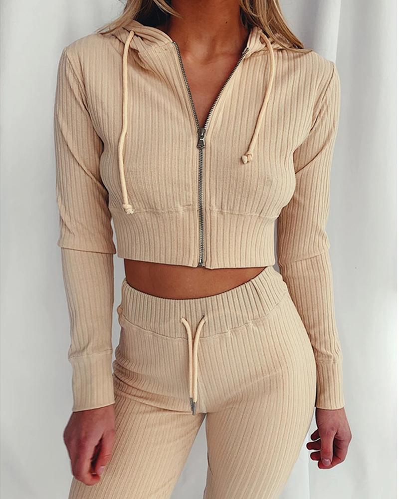 

Solid Long Sleeve Hooded Coats With Pants Suit Sets, Khaki