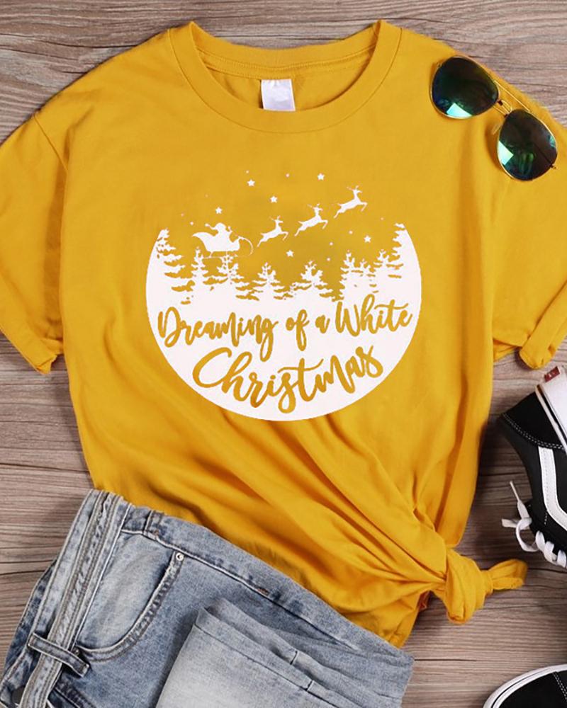 

Christmas Letter Print Short Sleeve T-shirt, Yellow