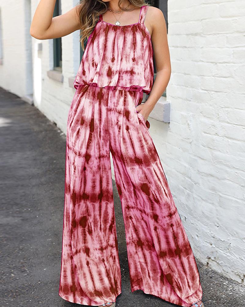 

Tie Dye Strap Tanks With Wide Leg Pants Suit Sets, Red