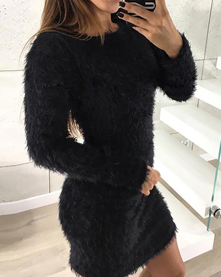 

Solid Fluffy Long Sleeve Casual Dress, Black