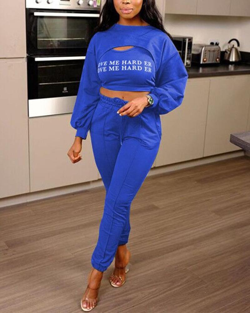 

Letter Print Long Sleeve T-shirts With Cropped Tanks And Jogger Pants Suit Sets, Blue