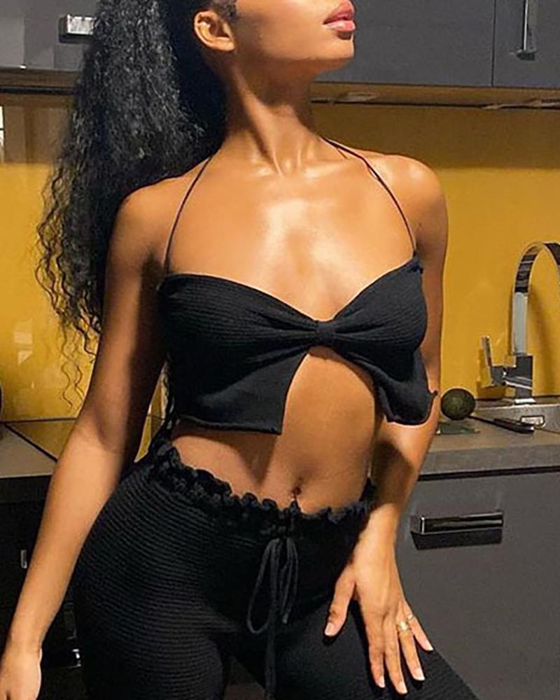

Halter Shirring Detail Backless Ruched Crop Top, Black