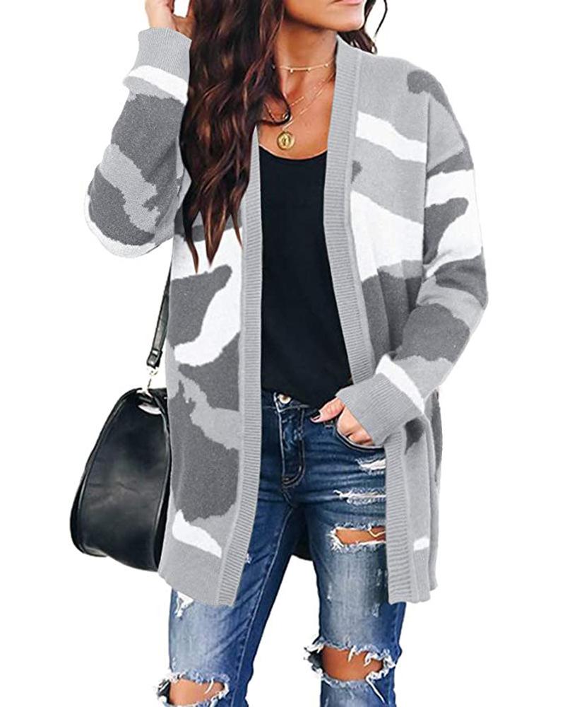 

Camouflage Long Sleeve Open Front Sweater, Gray
