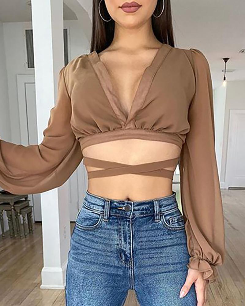 

Puff Bell Sleeve Mesh Bandage Crop Top, Khaki